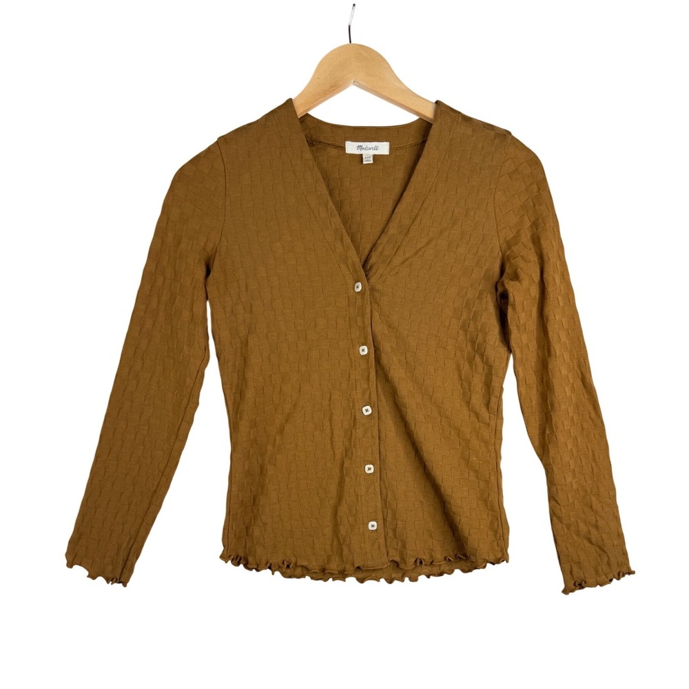 Madewell V-neck Checkerboard Jacquard Cardigan Sweater size XXS Sepia Brown